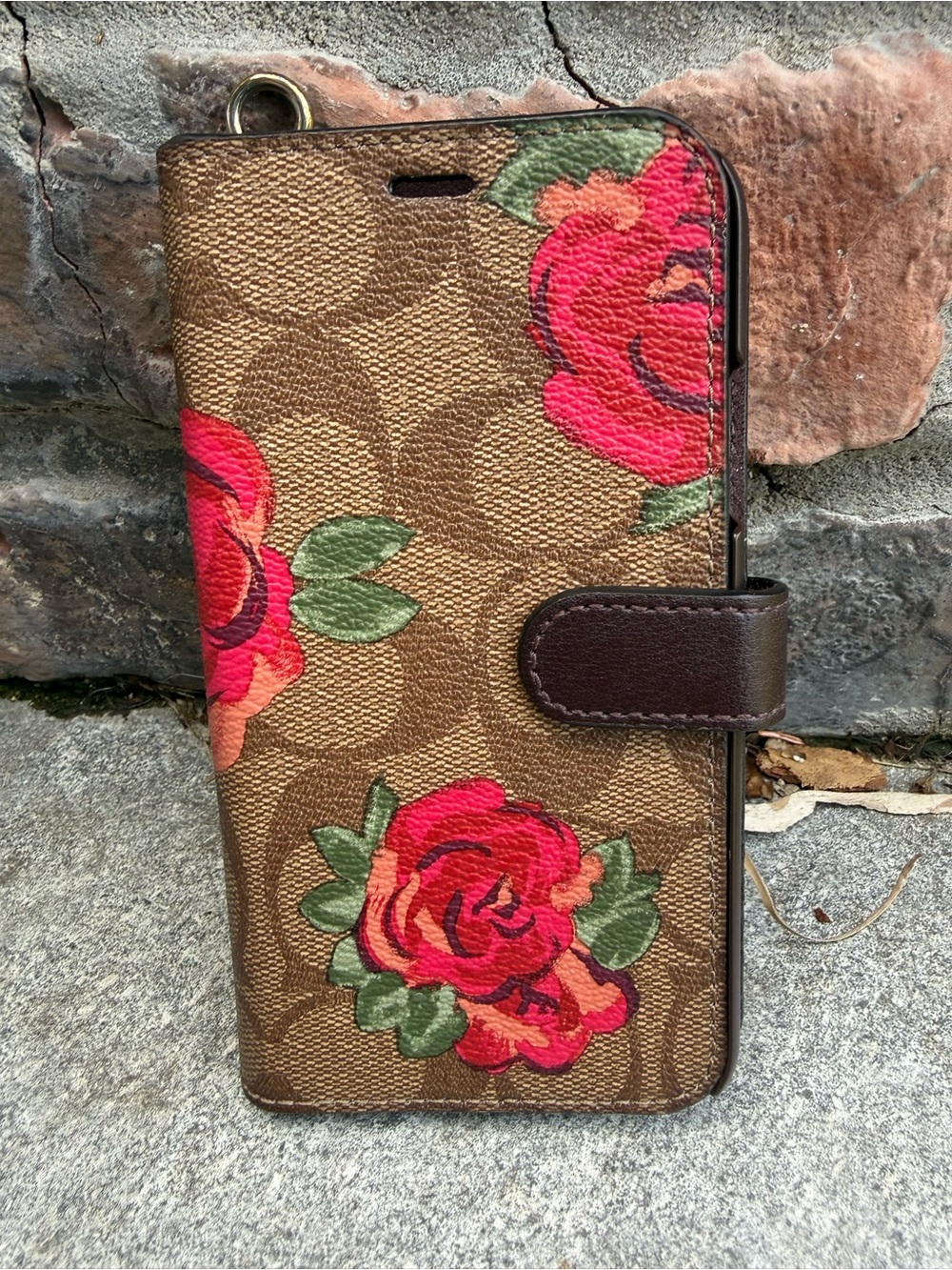 Coach Floral Phone Wallet Case - Brown with Red Rose Print